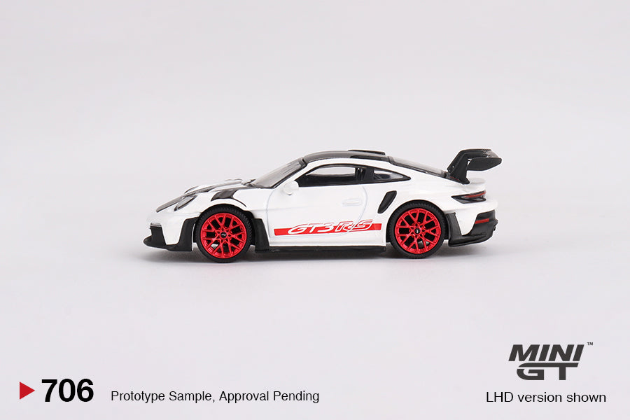 Porsche 911 (992) GT3 RS Weissach Package – White with Pyro Red – MiniGT