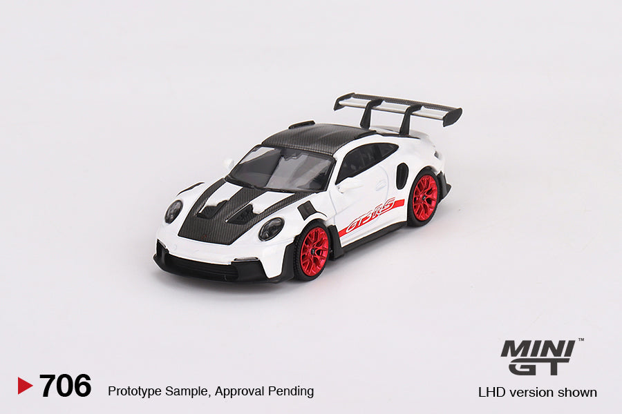Porsche 911 (992) GT3 RS Weissach Package – White with Pyro Red – MiniGT