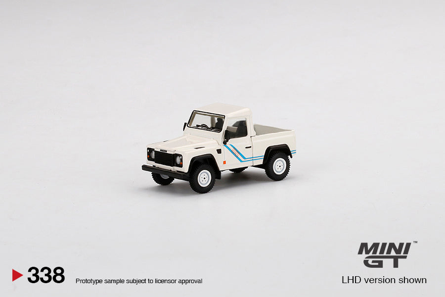 Land Rover Defender 90 Pickup – 1:64 – White with Blue Stripes – Mini GT