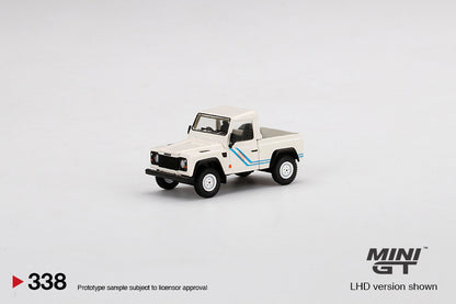 Land Rover Defender 90 Pickup – 1:64 – White with Blue Stripes – Mini GT