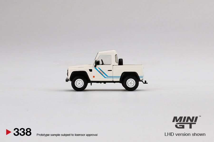 Land Rover Defender 90 Pickup – 1:64 – White with Blue Stripes – Mini GT