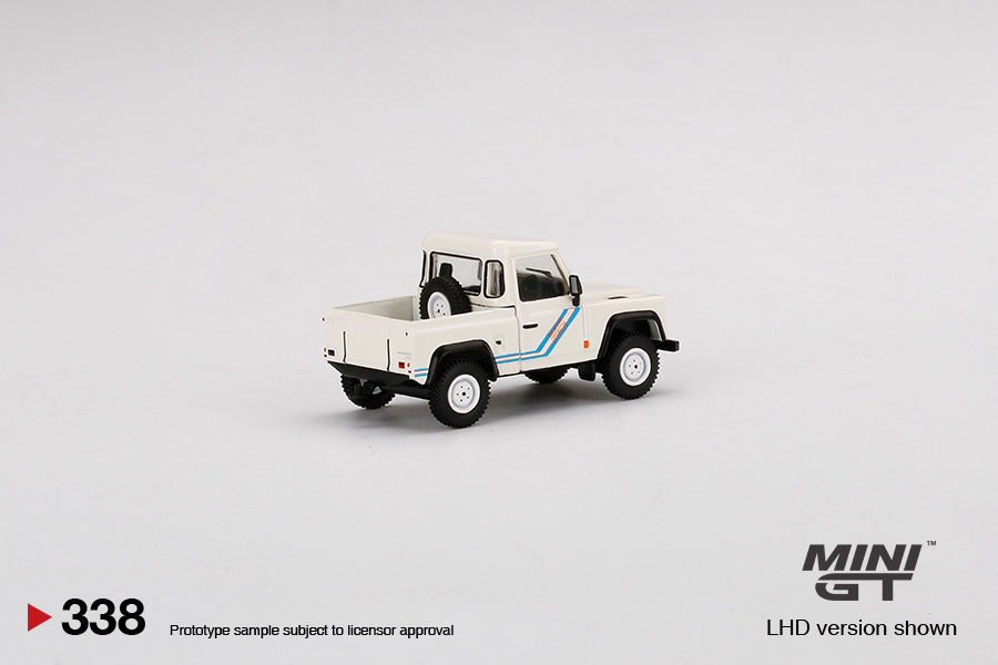 Land Rover Defender 90 Pickup – 1:64 – White with Blue Stripes – Mini GT