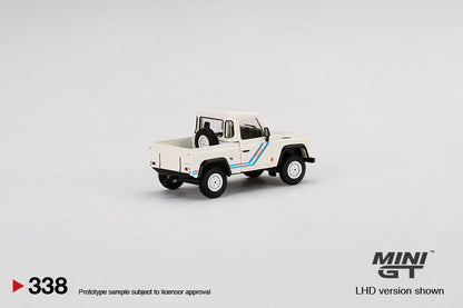Land Rover Defender 90 Pickup – 1:64 – White with Blue Stripes – Mini GT