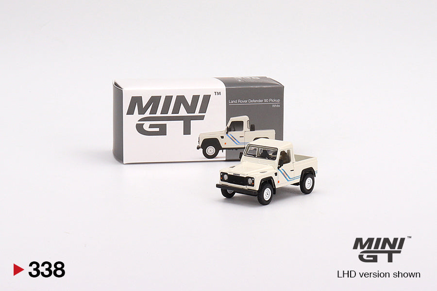 Land Rover Defender 90 Pickup – 1:64 – White with Blue Stripes – Mini GT