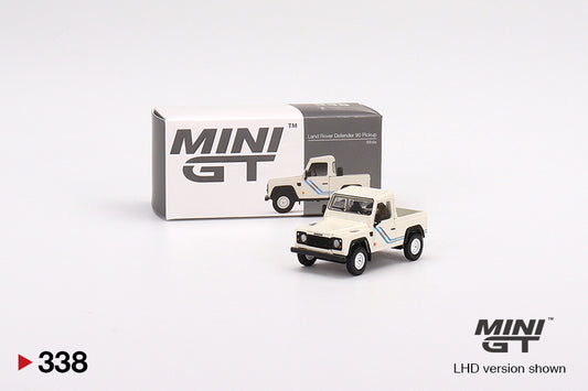 Land Rover Defender 90 Pickup – 1:64 – White with Blue Stripes – Mini GT