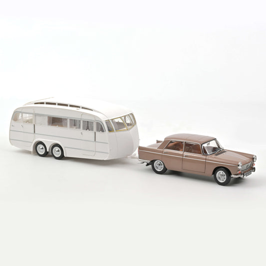 Peugeot 404 Sedan 1965 – Brown Metallic sa kamp-s prikolicom Caravan Hénon – Norev