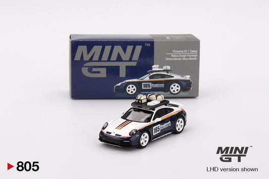 Porsche 911 Dakar Rallye Design Package – White/Gentian Blue Metallic – 1:64 – Mini GT