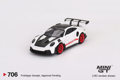 Porsche 911 (992) GT3 RS Weissach Package – White with Pyro Red – MiniGT