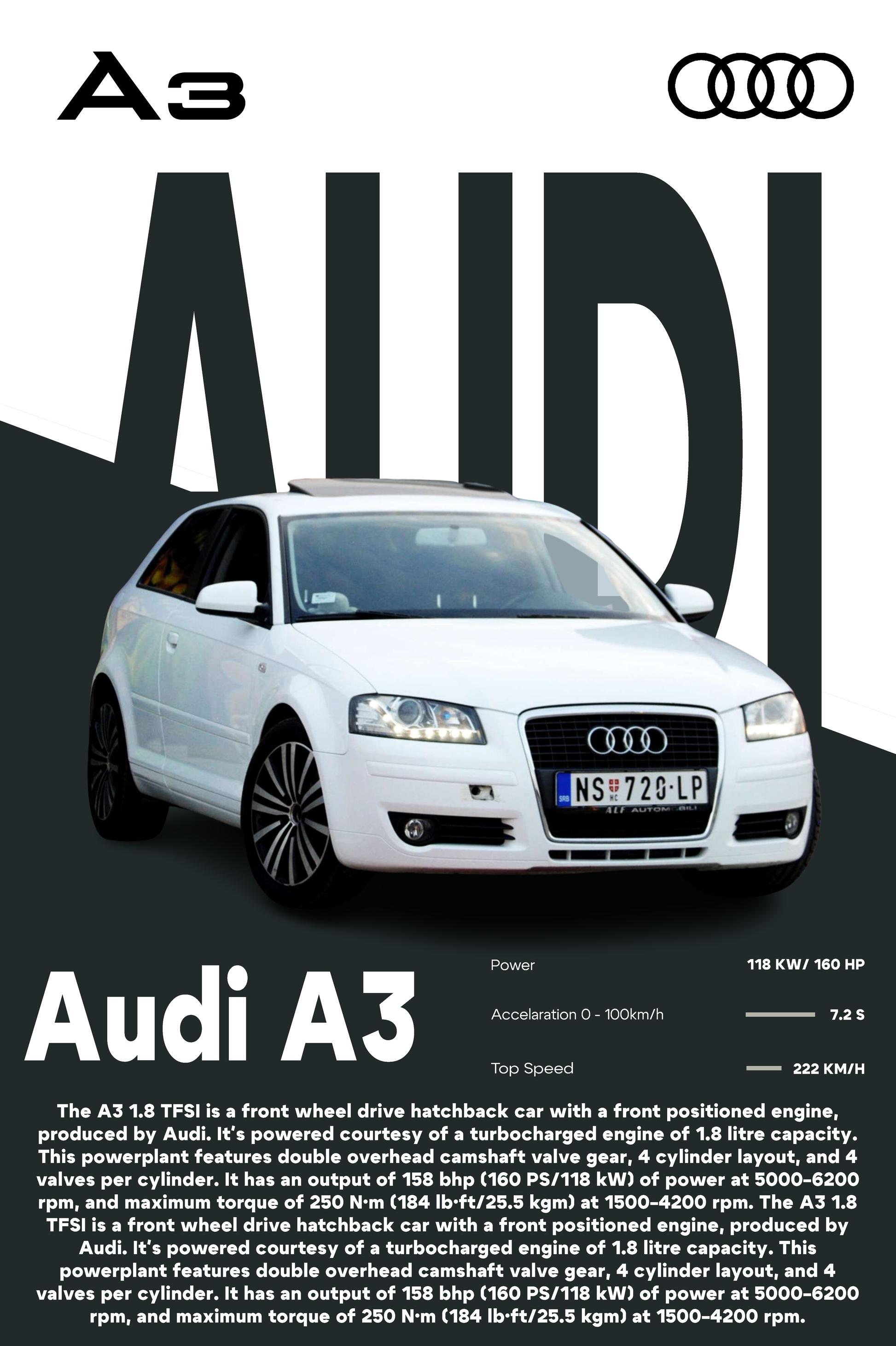 Skica Audi A3 personalizovanog postera.