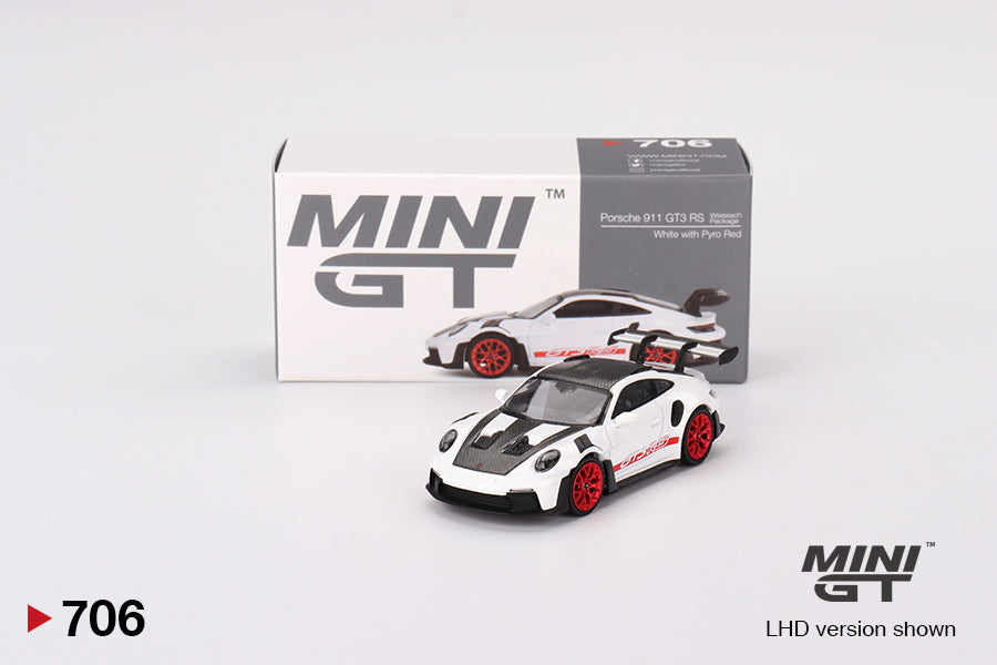 Porsche 911 (992) GT3 RS Weissach Package – White with Pyro Red – MiniGT